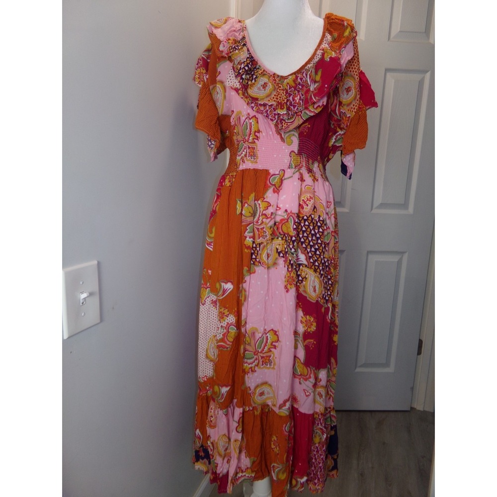 Lapis Maxi Dress M Colorful Pink / Red Patchwork Print Ruffle Boho Cottagecore